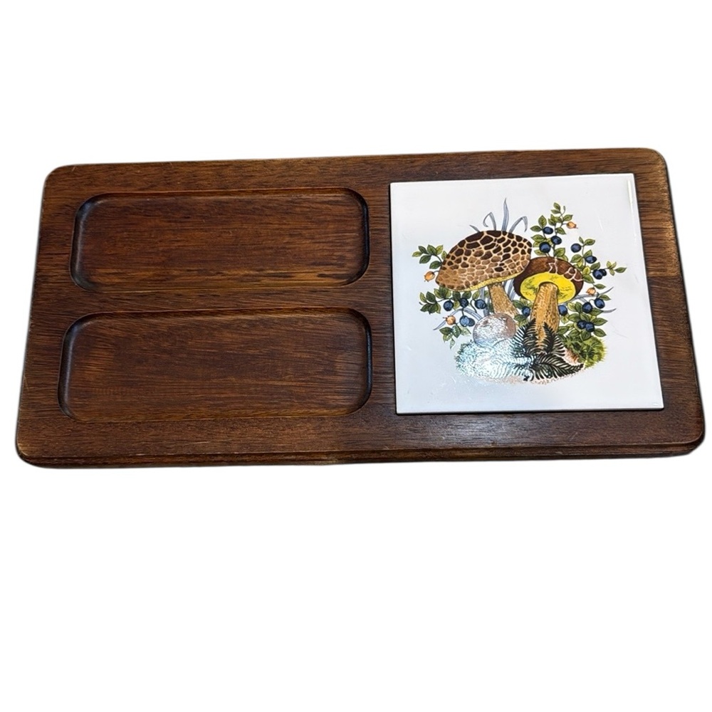 Vintage Georges Briard‎ Mushroom Pattern Wooden Cheese Charcuterie Board Japan